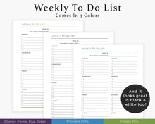 Load image into Gallery viewer, Comes in green, purple, and blue - weekly to do list printable planner