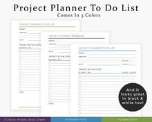 Load image into Gallery viewer, Comes in green, purple and blue - project planner to do list printable planner
