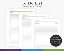 Load image into Gallery viewer, Comes in green, purple, and blue - to do list printable planner
